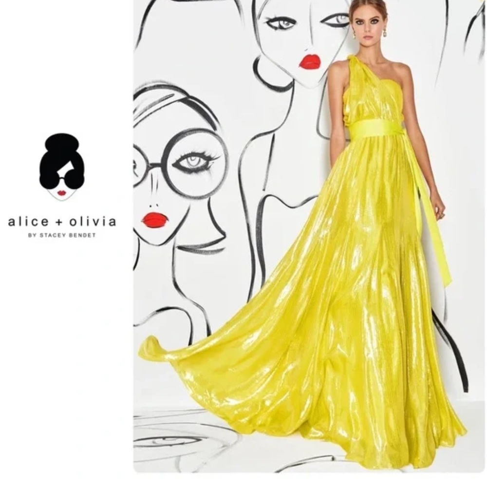 ALICE + OLIVIA Milan One Shoulder Gathered Metallic Yellow Gown Size 2 NWT Gala
